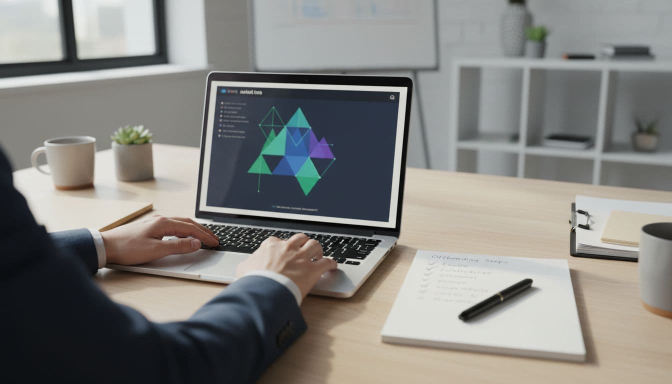 SaaS Offboarding Checklist for 2026 That Stops Ghost Access 2 Organized office desk with laptop showing blurred abstract audit log dashboard, notebook checklist and pen, in a secure workspace with natural daylight and relaxed hands.