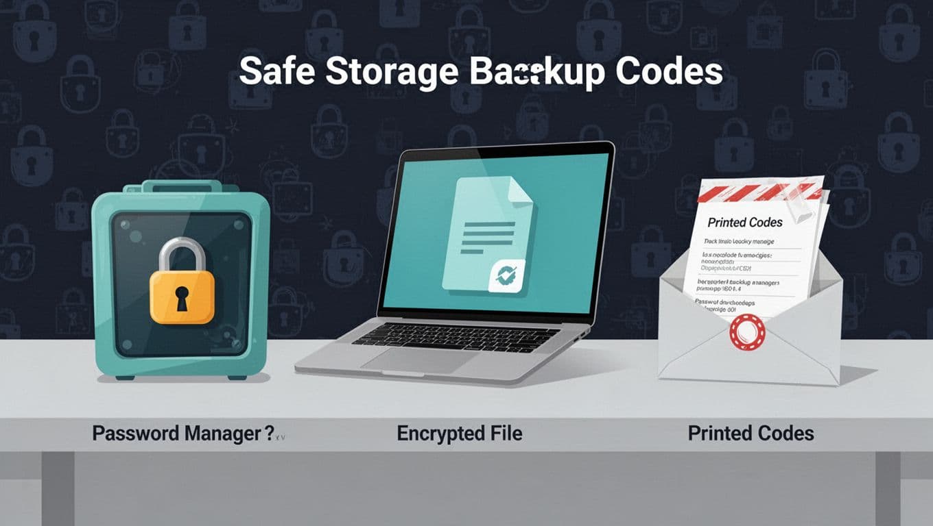 Modern flat vector graphic illustrating three safe storage methods for backup codes: password manager vault, encrypted laptop file, and printed codes in a sealed envelope, arranged side by side on a subtle secure background.