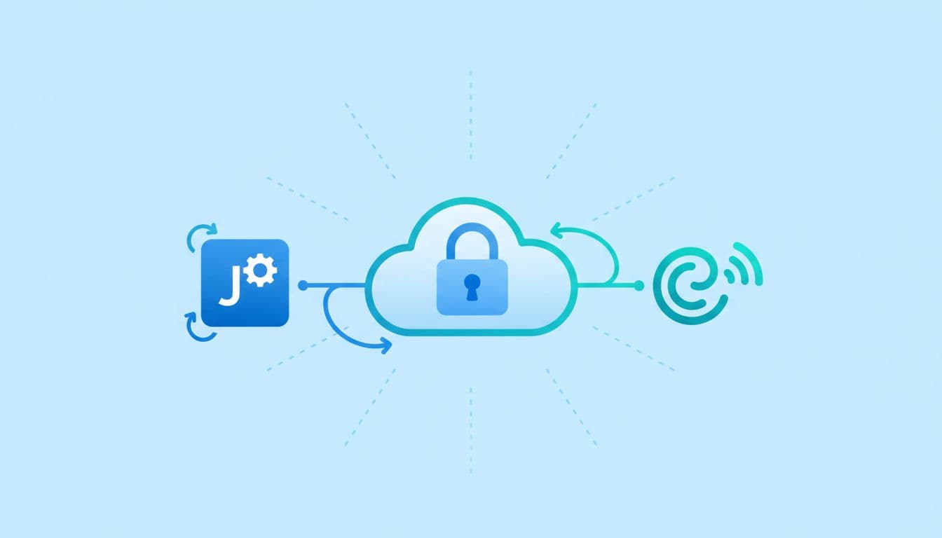 Illustration of secure data backup and integrations in Atlassian Cloud environment featuring a lock icon over cloud storage connected to Jira and Confluence icons in a blue teal scheme with simple diagram style.