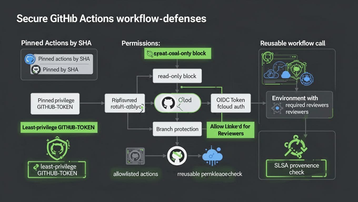 GitHub Actions Supply Chain Attacks And The Defenses That Work 2 Clean, modern cybersecurity infographic in landscape ratio showing secure GitHub Actions workflow defenses like pinned actions by SHA, read-only permissions, OIDC token auth, environment reviewers, and reusable workflows with green highlights on least-privilege token, branch protection, allowlisted actions, and SLSA checks.