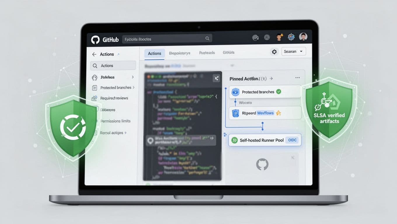 GitHub Actions Supply Chain Attacks And The Defenses That Work 3 Clean, modern cybersecurity infographic-style illustration of a secure GitHub repository dashboard with Actions tab open, featuring protected branches, required reviews, pinned actions, self-hosted runner pool, and subtle green shields for defenses like OIDC, permissions limits, and SLSA verified artifacts.