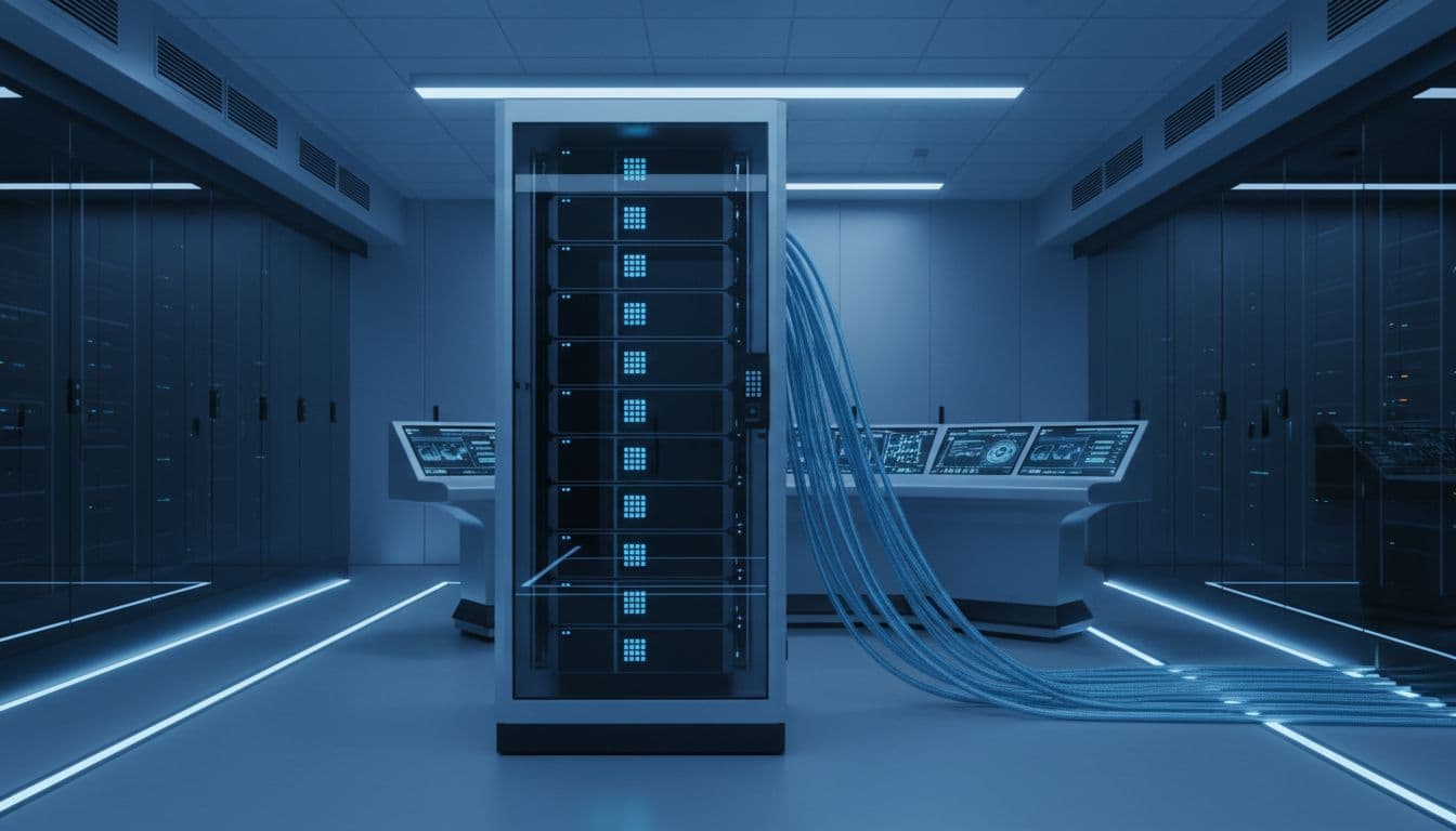 Isolated virtual machine rack with locked cabinets, glowing network cables, and central control panel in a modern, high-tech data center under soft blue lighting.