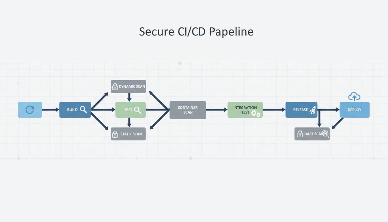 Diagram illustrating a secure GitLab CI/CD pipeline flow from code commit to deployment, integrating security scans across build, test, scan, and deploy stages with arrows, simple icons like locks, neutral colors, and a clean digital flowchart background in professional infographic style.