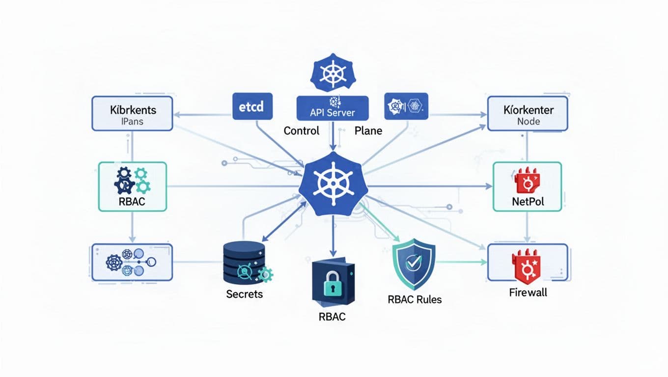 Clean, high-resolution flat-style illustration of a Kubernetes cluster with central control plane, etcd, API server, worker nodes, and highlighted security features like secrets vault, RBAC rules, and network policies.