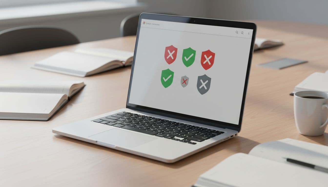 Google Workspace Security Audit Checklist for 2026 Admin Teams 2 Secure laptop on conference table displaying Google Workspace endpoint management interface with device compliance icons, surrounded by notebooks and coffee mug in professional setting with natural daylight, photorealistic.