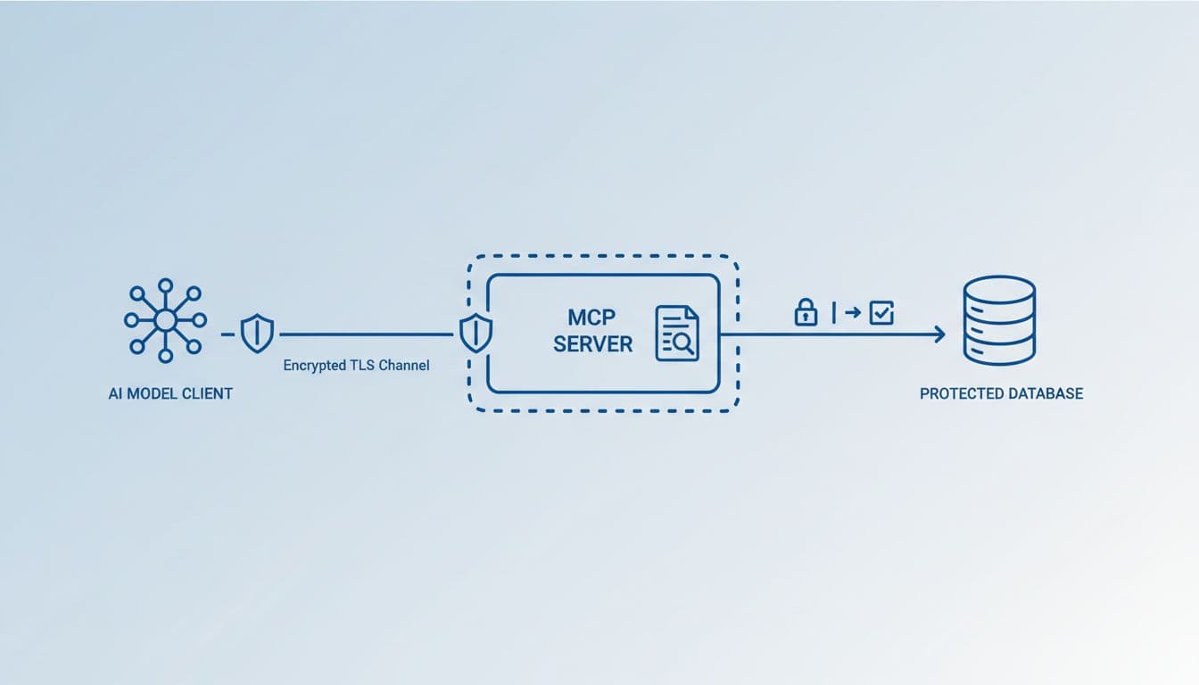 Technical diagram illustrating secure MCP architecture: AI model client connects over encrypted TLS to isolated MCP server container, which interfaces with protected database via token auth and whitelisting. Includes icons for encryption shield, audit log, and sandbox barrier in clean vector line art style with blue-gray tones and left-to-right flow arrows.