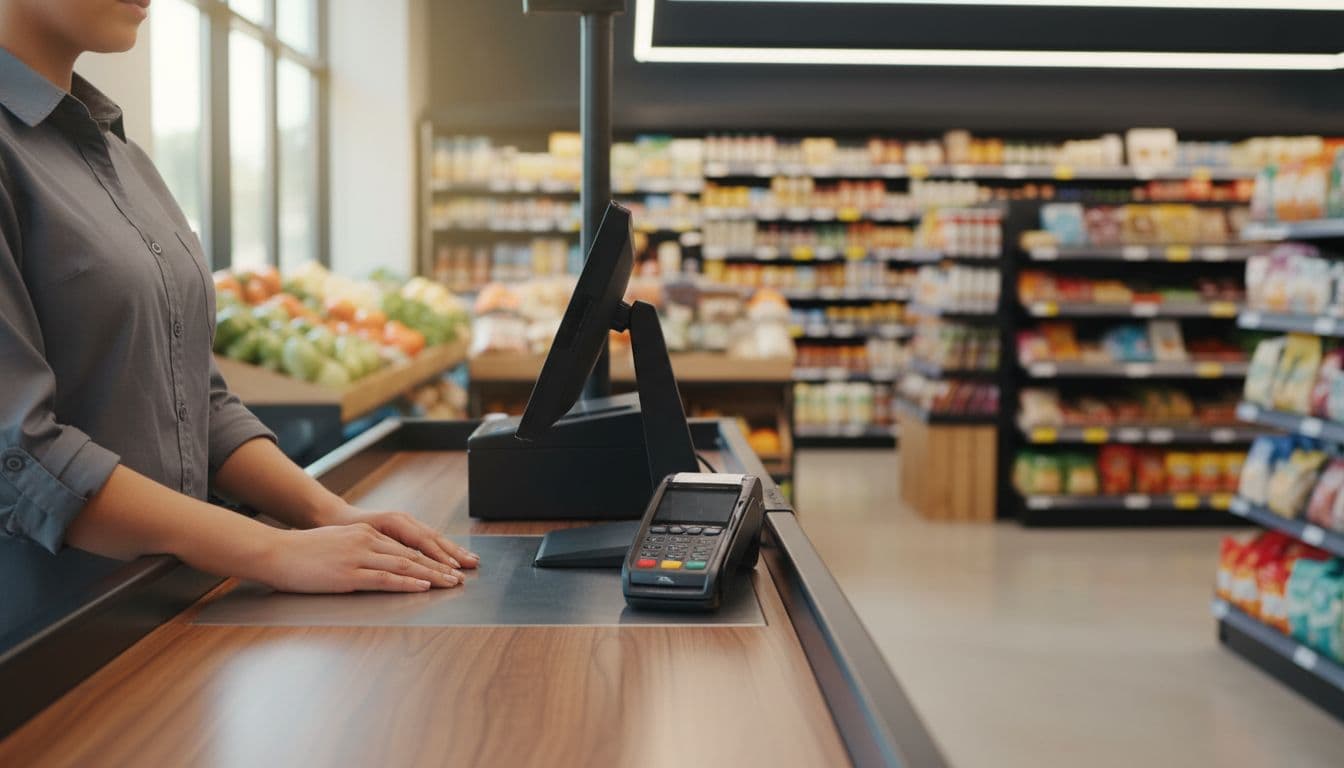 Secure POS terminal on a busy store checkout counter with one cashier's hands resting nearby, card reader connected, modern store shelves in background, natural daylight.