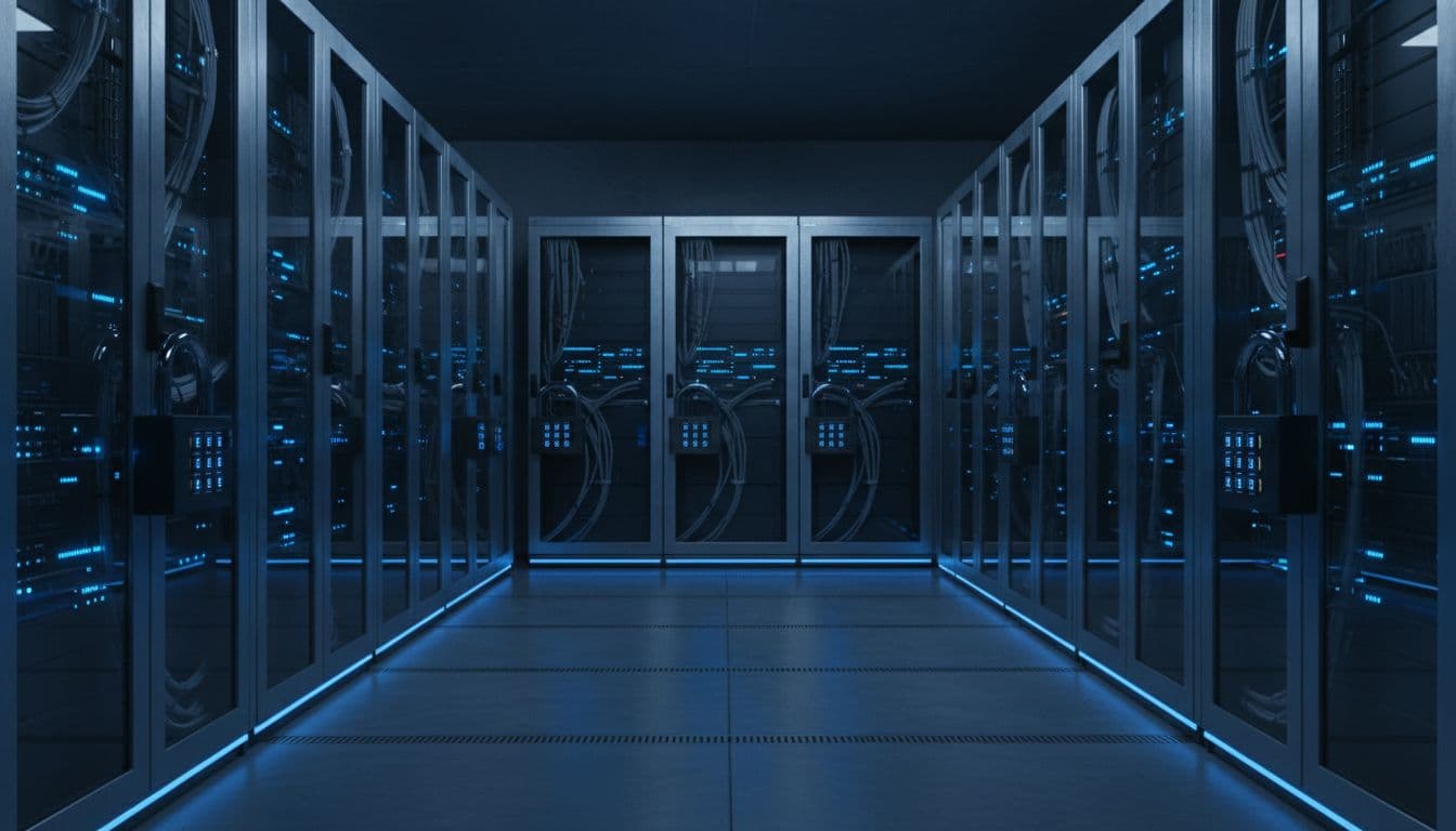 SaaS Offboarding Checklist for 2026 That Stops Ghost Access 1 Server room interior featuring multiple racks secured by heavy digital padlocks on cables and doors, under dim blue security lighting that casts shadows for a high-tech secure atmosphere.