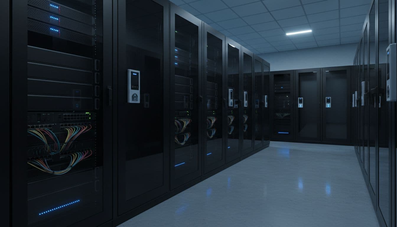 Modern secure server room with Veeam backup servers in locked racks, network switches, access control panels, and dim blue lighting. Wide-angle realistic composition showing depth, no people, text, logos, or watermarks.