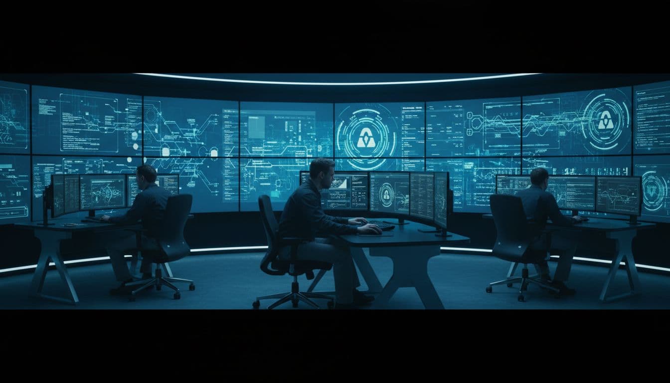 OpenAI Enterprise Pricing in 2026 for Security and Legal Teams 2 Three analysts in dim high-tech ops center monitor large screens showing encryption locks, data flows, and audit trails under blue lighting.