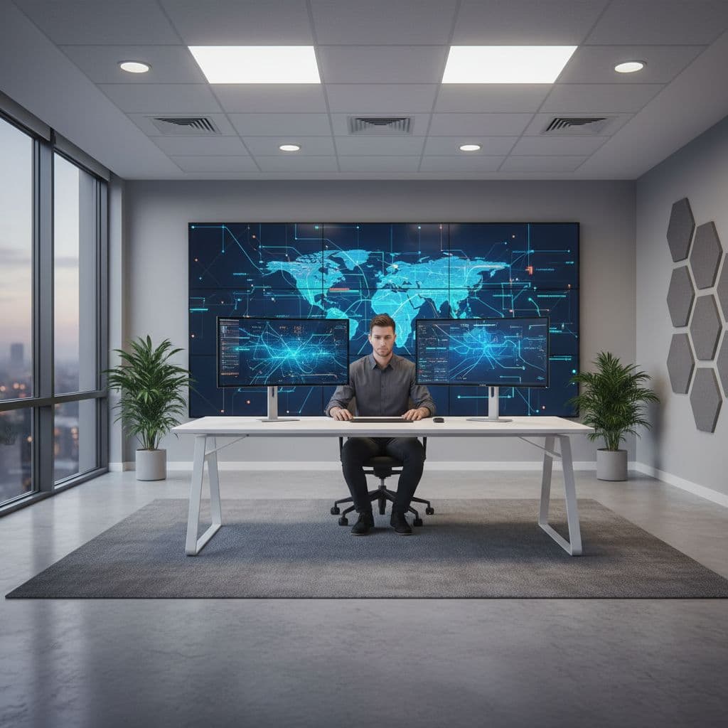 A professional analyst sits at a desk viewing complex network data on dual monitors.