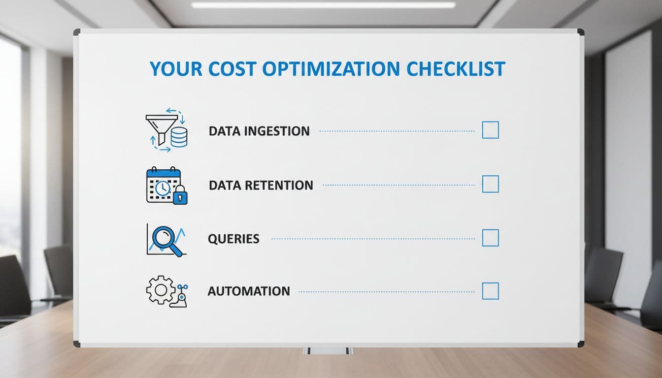 Microsoft Sentinel Cost Optimization Checklist for 2026 SOC Teams 1 Infographic-style checklist for Sentinel cost optimization drawn on a whiteboard in a conference room, featuring simple line drawing icons for data ingestion, retention, and queries. Clean vector art with bright lighting, no people or text on the board.