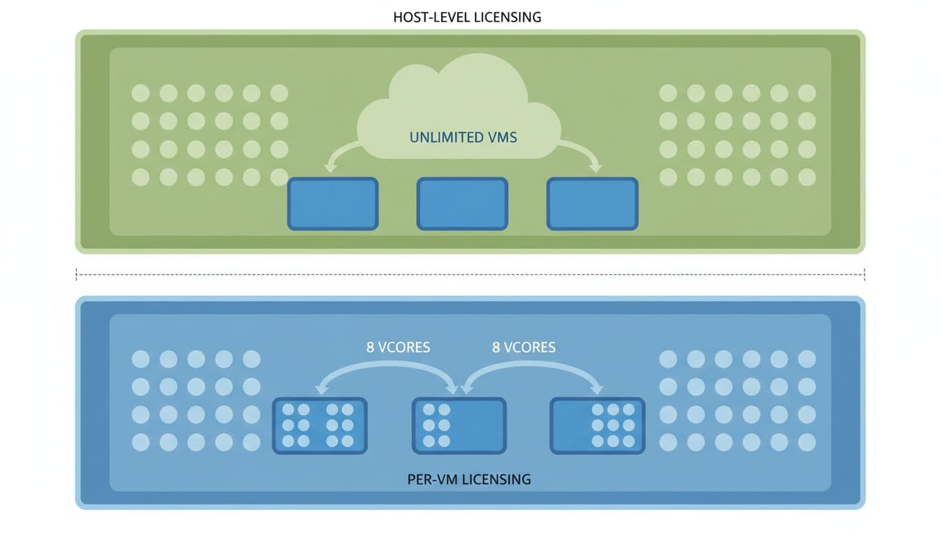 Overhead diagram of 24-core server split into host-level licensing covering all cores for unlimited VMs and per-VM licensing with three 8-vcore VMs.