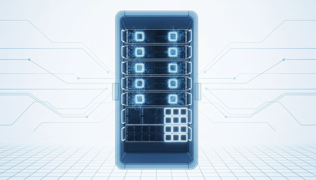 Modern server rack highlights glowing CPU cores and SSD drives in blueprint style.