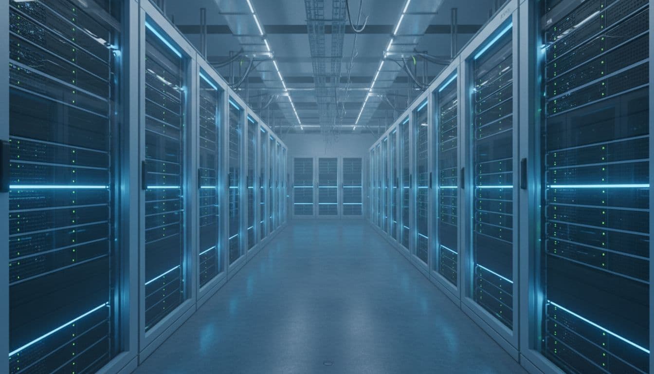 A perspective view looking down a clean aisle of illuminated computer server racks in a data center.