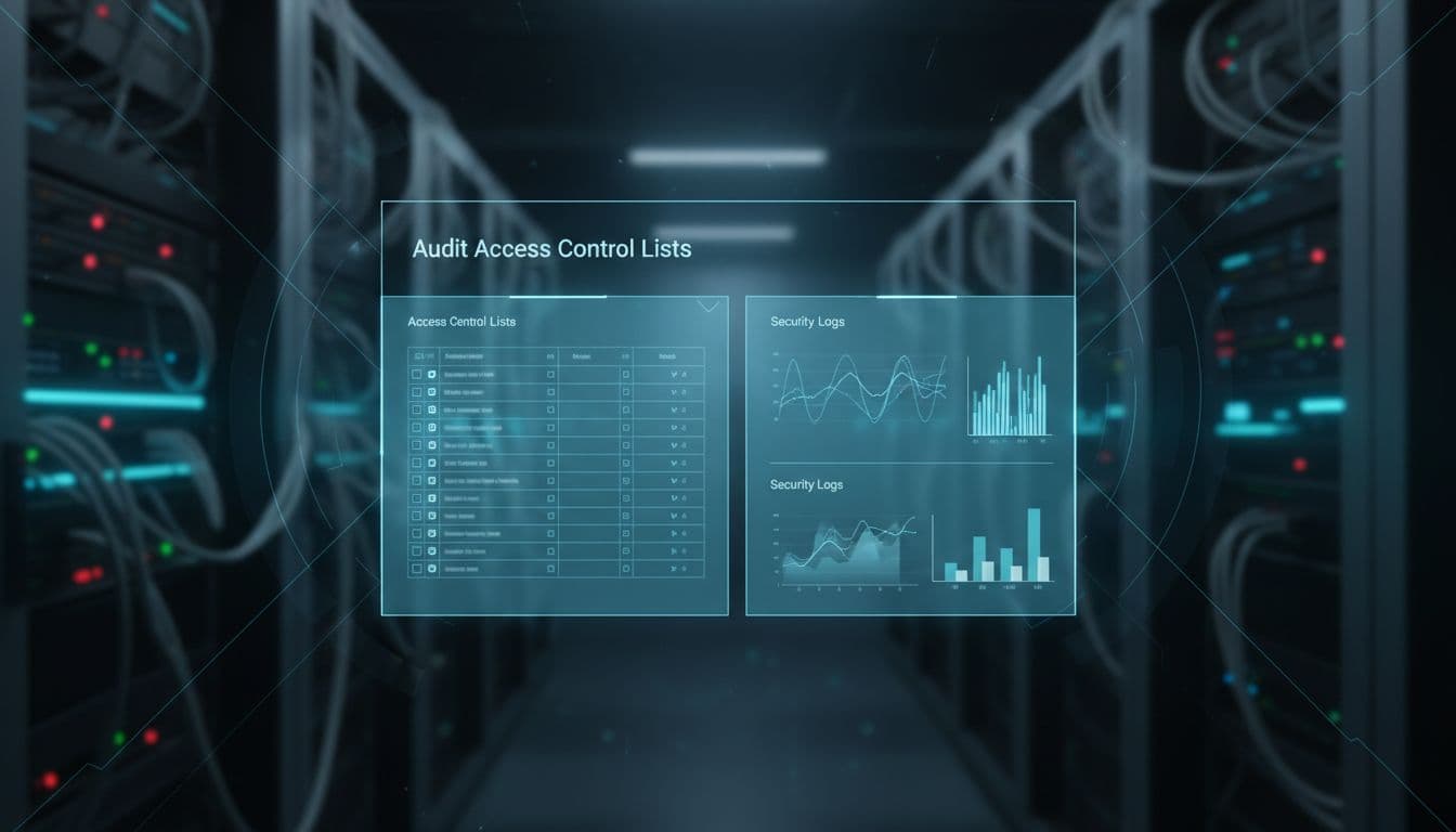 ServiceNow Security Audit Checklist for Enterprise Teams in 2026 2 Close-up technical illustration of a ServiceNow dashboard displaying access control lists and security logs with a server room background, soft blue lighting, clean composition, and blurred UI elements.