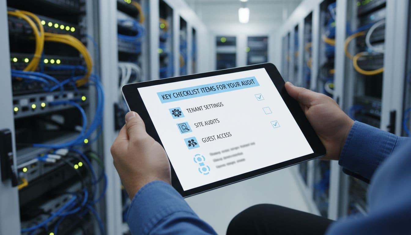 An IT admin in a server room holds a digital tablet displaying an infographic-style checklist for SharePoint external sharing audit, including items like tenant settings, site audits, and guest access with simple icons.