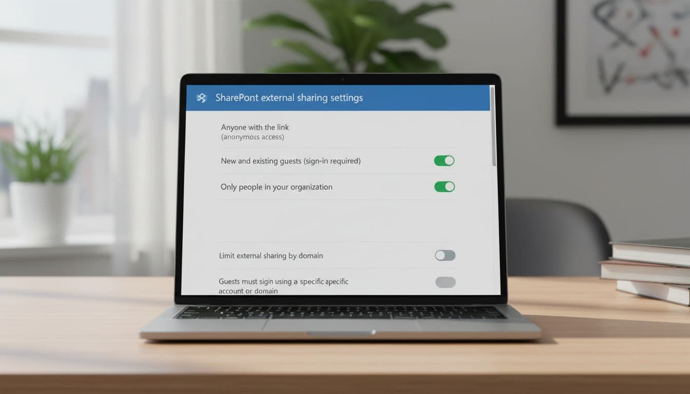 Close-up of a Microsoft 365 admin dashboard screen displaying the SharePoint external sharing settings page with toggle options like Anyone and New and existing guests, featured on a laptop in a modern office desk with soft natural lighting.