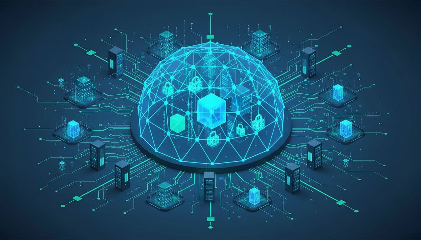 Abstract isometric view of a secure digital vault in a data center, with glowing encrypted files and locks protecting sensitive enterprise information in blue and green tones.