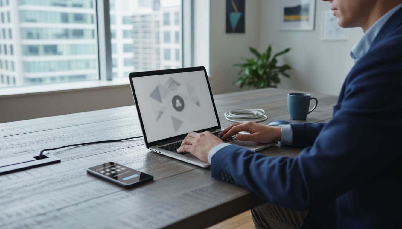 One IT security professional in a modern enterprise office at a desk with laptop showing blurred Slack authentication interface and smartphone with verification code prompt, secure atmosphere, realistic photo.
