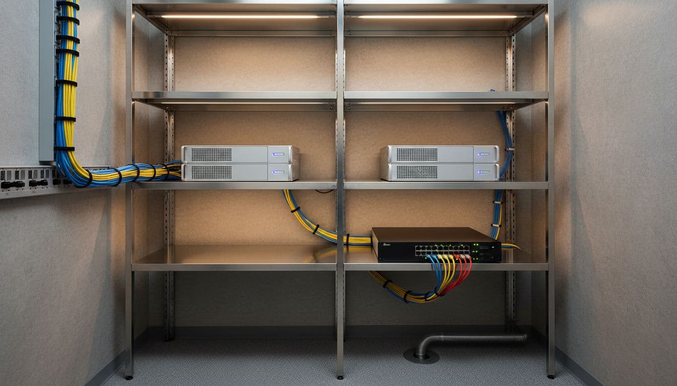 Compact IT closet with two servers on shelves, networking switch, and neatly organized cables.
