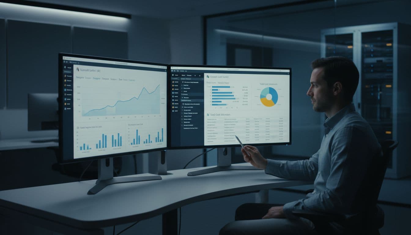 Microsoft Sentinel Cost Optimization Checklist for 2026 SOC Teams 2 A SOC team analyst at a desk in a modern security operations center reviews the Microsoft Sentinel cost dashboard on dual monitors, with charts showing ingestion volume and costs, under soft office lighting.