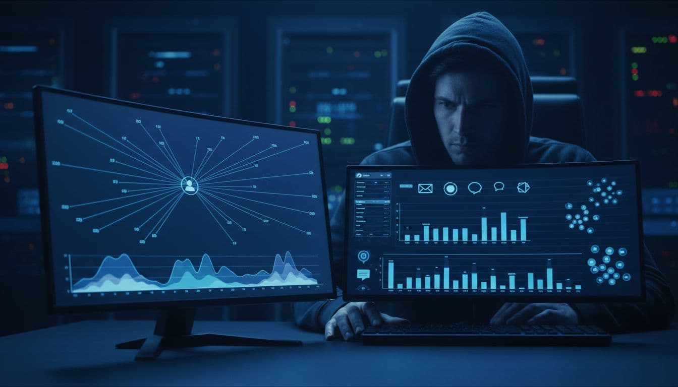 Modern SOC analyst in a dark room viewing a security dashboard on dual monitors showing graphs of login anomalies from unusual IPs for one user across SaaS apps like email and collaboration tools, one person only, focused composition, blue lighting.