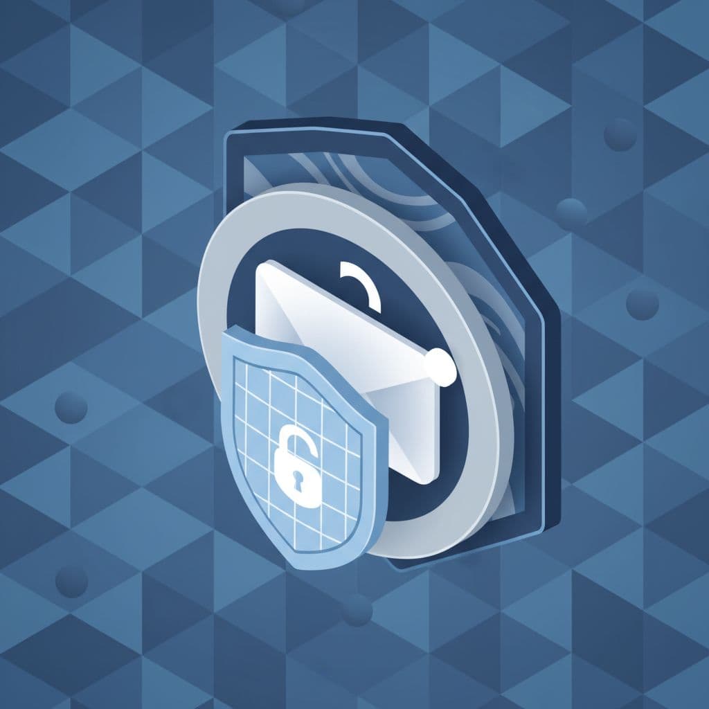 Exchange Online Mail Flow Audit Checklist for 2026 Admin Teams 2 Layered security shields for SPF, DKIM, and DMARC protect a single mail envelope in Exchange Online, rendered in polished isometric style with blue and neutral tones.
