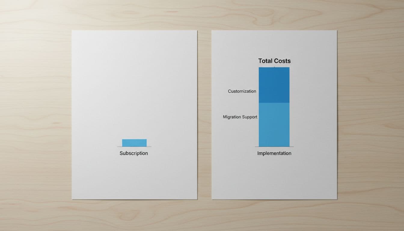 Top view of clean office desk with two paper bar charts side by side: low single Subscription bar left, tall stacked Total Costs bars right.