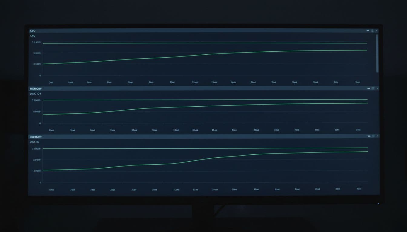 Windows Server 2022 To 2025 Upgrade Plan That Avoids Downtime 3 Close-up dashboard in a network operations center showing stable green performance graphs for CPU, memory, and disk I/O after server upgrade, dark mode interface with subtle glow.