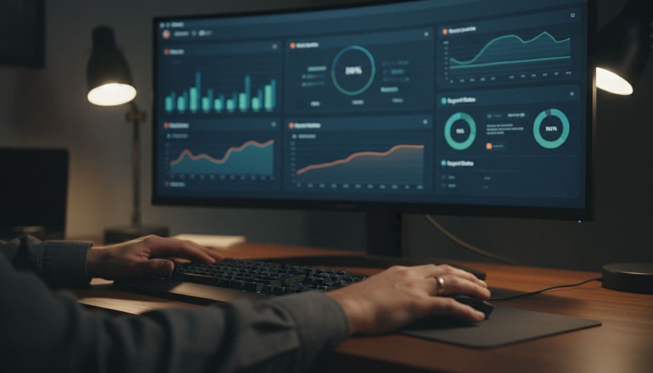 Close-up of monitor displaying Linux server metrics charts, keyboard, mouse, and relaxed hands on desk.