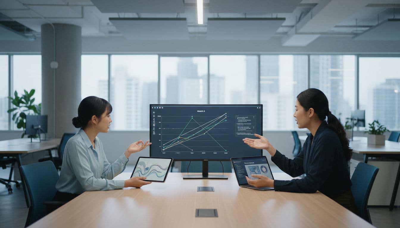 Three people in bright modern office sit together viewing various devices.