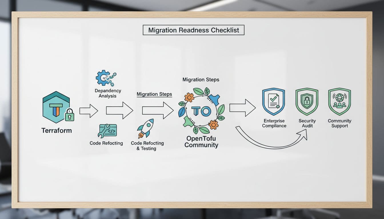 OpenTofu Vs Terraform in 2026 for Regulated Enterprise Teams 2 Step-by-step migration flowchart icons from Terraform to OpenTofu on a conference room whiteboard, with simple arrows connecting a locked vendor icon to an open source community and enterprise compliance badges nearby.