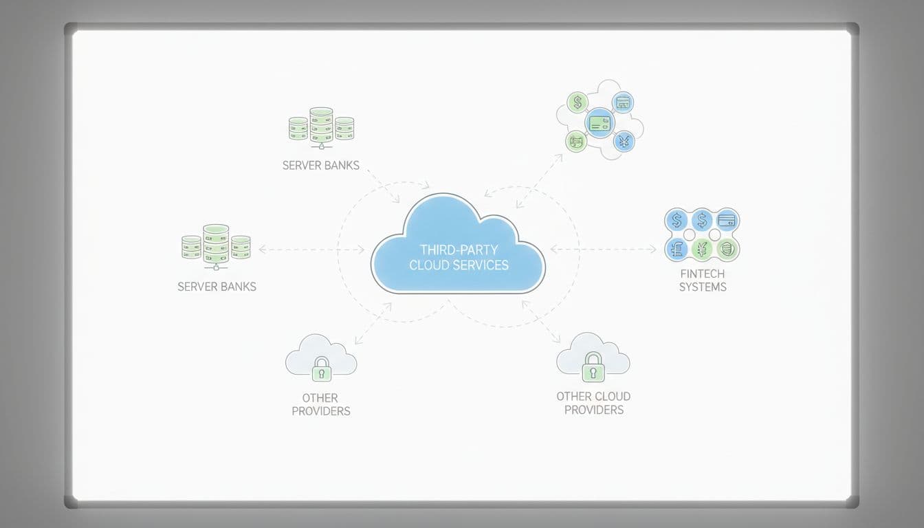 DORA Compliance Checklist for Financial IT Teams in 2026 2 Network diagram illustrating interconnected financial systems with highlighted third-party cloud services, featuring simple icons for servers, banks, and fintech in a clean whiteboard style.