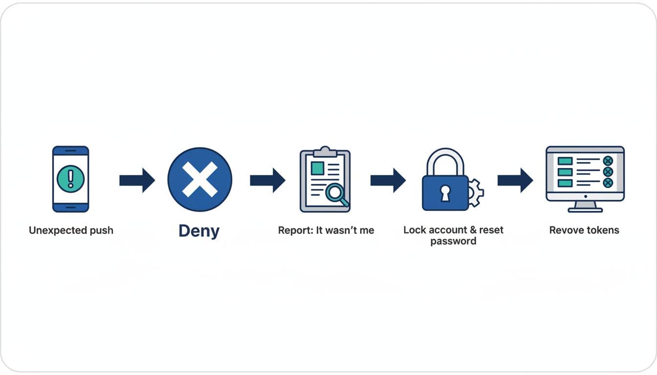 MFA fatigue attacks in 2026, how to spot push-spam prompts and shut them down fast 2 A clean, modern cybersecurity illustration in flat vector style showing a horizontal flowchart for responding to unexpected MFA push notifications. Steps include denying the push, reporting it as suspicious, locking the account and resetting the password, and revoking access tokens.