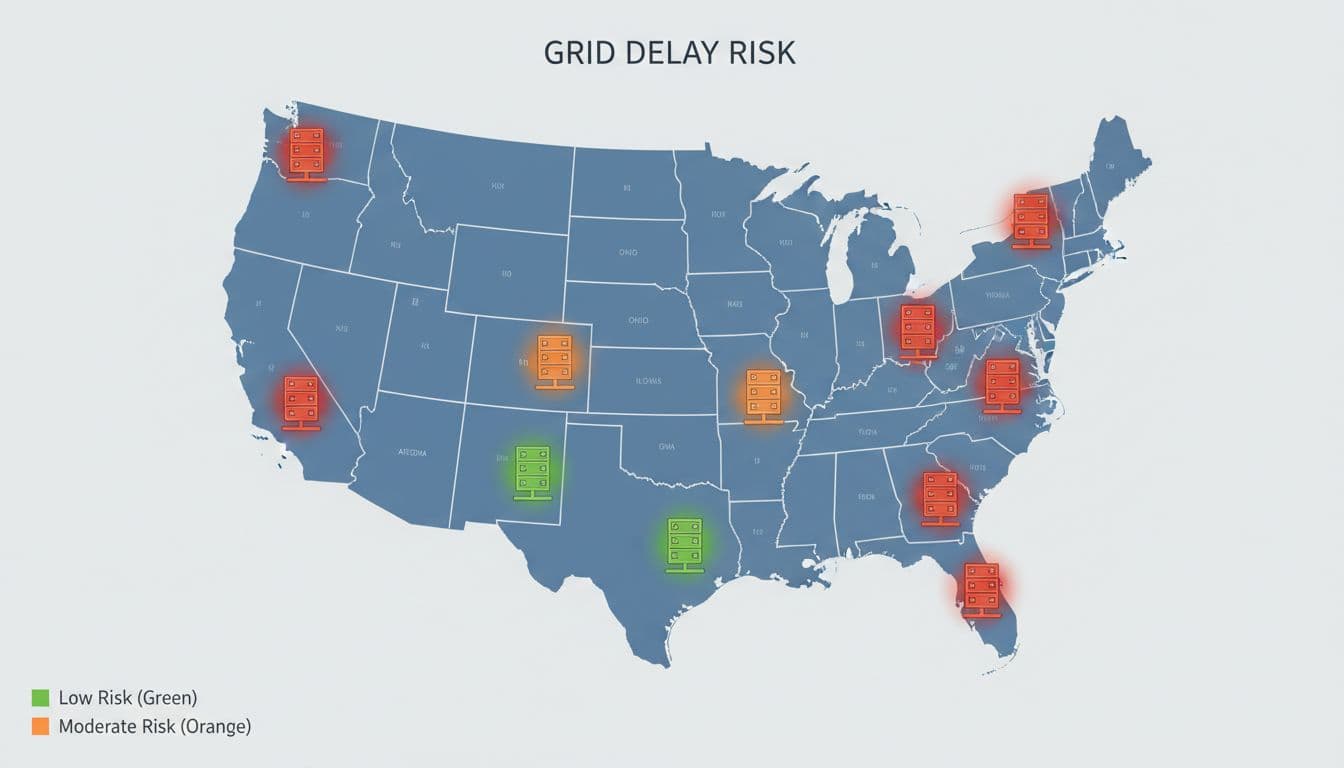 A color-coded map of the United States highlighting data centers in key regions like Texas, Virginia, and Ohio, with icons indicating grid queue length or delay risk (green for low, red for high) in a simple flat design focused on Midwest, Southwest, and East Coast.