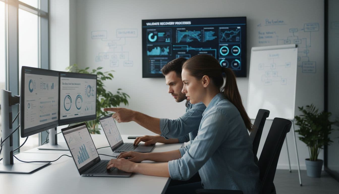 Two focused IT engineers in a modern control room test Veeam backup recovery on laptops, with one pointing to the screen amid charts on the wall and natural daylight.