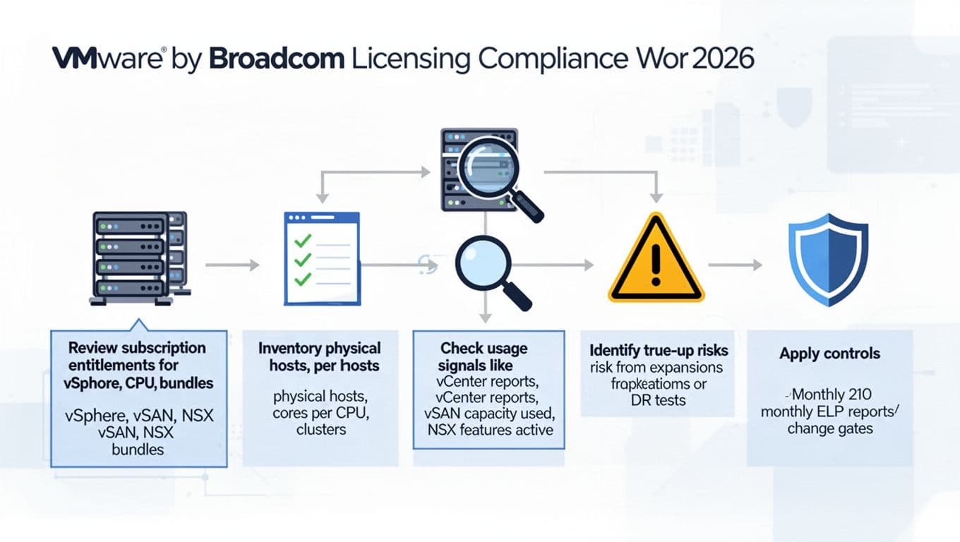 VMware by Broadcom licensing in 2026, what changed, what auditors check, and how to stop surprise true-ups (vSphere, vSAN, NSX) 1 A clean, modern flat vector infographic depicting the VMware by Broadcom licensing compliance workflow for 2026, with a horizontal flowchart showing steps for reviewing entitlements, inventorying hosts, checking usage, identifying risks, and applying controls using simple icons and arrows.