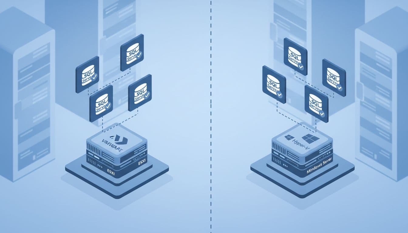 Split isometric illustration: left VMware ESXi rack server with four SQL Server VM icons; right Hyper-V host with four SQL VMs.