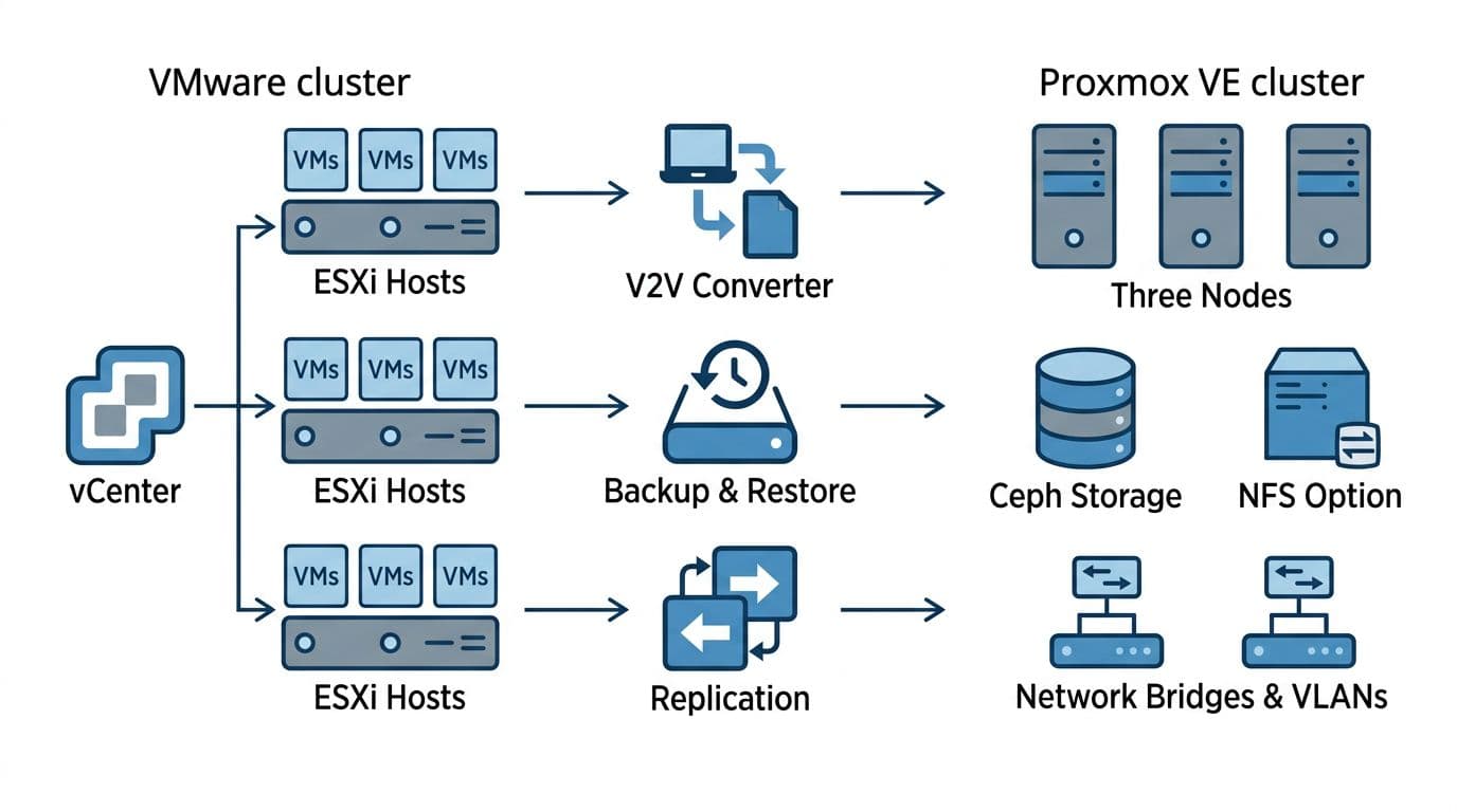 Clean technical vector-style diagram in flat design showing VMware to Proxmox VE migration overview, with VMware cluster on left, migration tools in center, and Proxmox VE cluster with Ceph storage on right. White background, blue-gray colors, clear icons, sans-serif labels, landscape ratio, no watermarks.