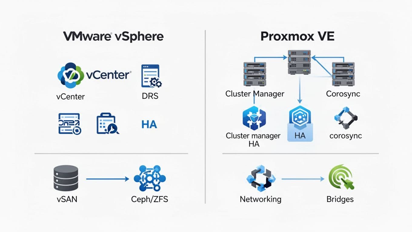 Vector icon chart comparing VMware vSphere (vCenter, DRS, HA, vSAN) and Proxmox VE (cluster manager, HA, corosync, Ceph/ZFS) cluster setups, including networking bridges. Neutral blues/greys on white background with short labels and clear icons only.