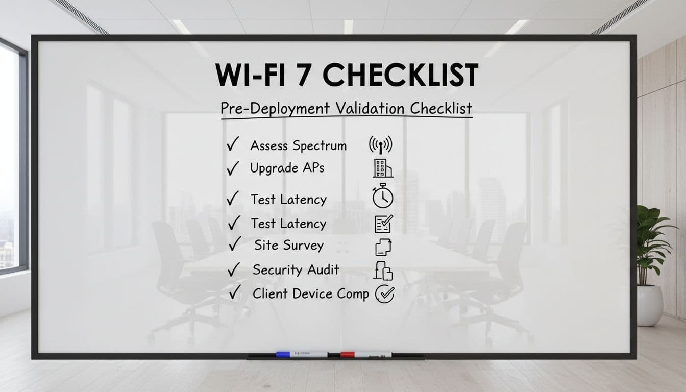 Wi-Fi 7 Enterprise Upgrade Checklist for High-Density Offices in 2026 3 Photorealistic checklist diagram on a whiteboard in a modern conference room, showing marked items like spectrum assessment, AP upgrades, and latency tests for Wi-Fi 7 deployment readiness, with simple Wi-Fi icons and 'Wi-Fi 7 Checklist' title.