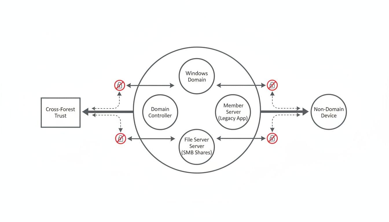 Building an NTLM Reduction Plan for Windows Domains in 2026 2 Simple line drawing of a Windows domain network diagram featuring legacy app server, SMB shares, cross-forest trust, non-domain device, with icons marking potential NTLM blockers and arrows indicating authentication flows.