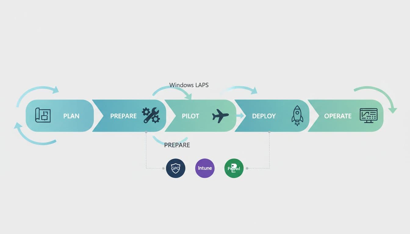 Step-by-step deployment workflow flowchart for Windows LAPS in hybrid setup, with arrows connecting Plan, Prepare, Pilot, Deploy, and Operate phases, featuring icons for GPO, Intune, and PowerShell in a clean modern flat design on a light background.