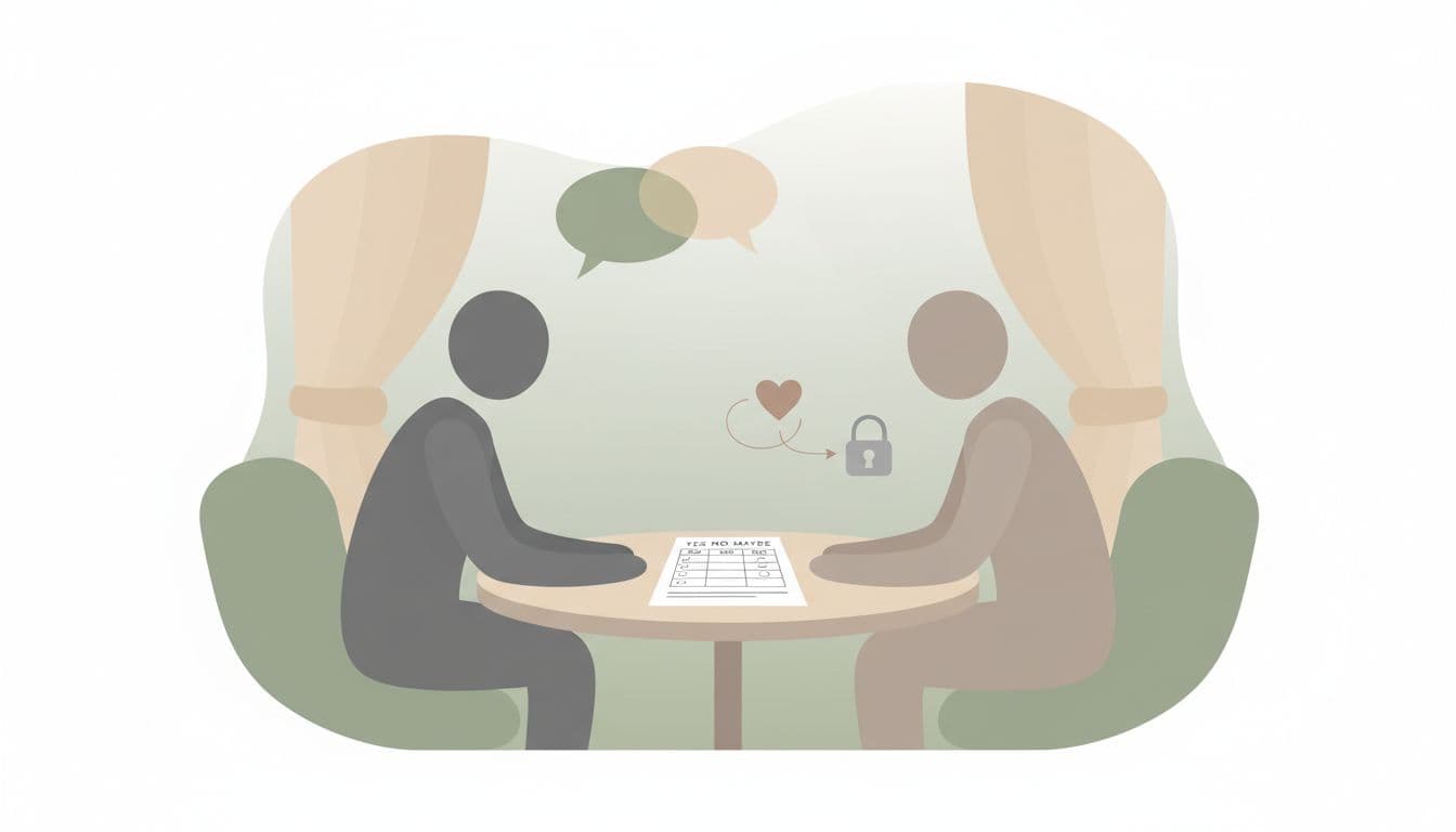 Modern infographic-style illustration of abstract silhouetted couple at a cozy table with Yes No Maybe list worksheet, speech bubbles for conversation, heart and lock consent symbols, in warm sage and beige tones with minimal flat design.