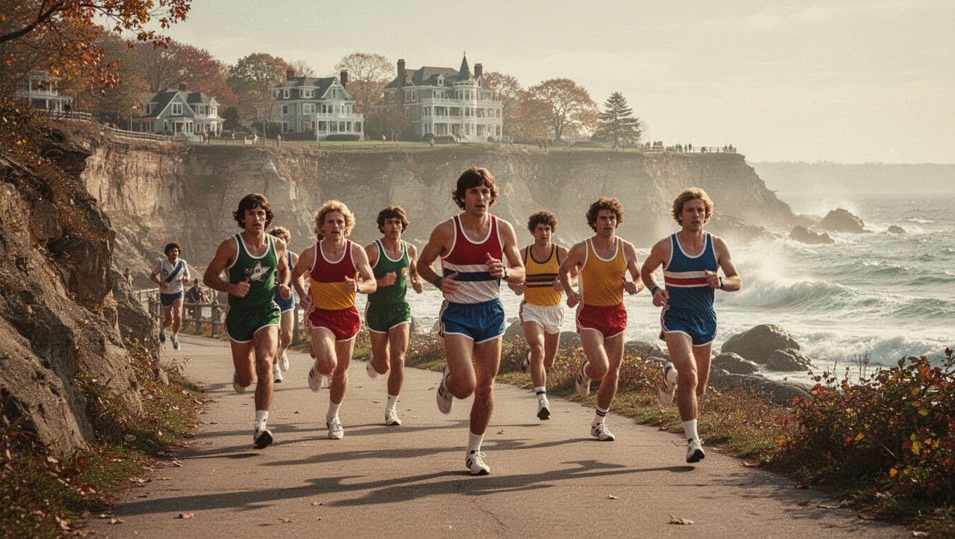 Group of eight amateur runners in 1970s retro attire racing the early Newport Half Marathon along Rhode Island's scenic Cliff Walk, with crashing ocean waves, steep cliffs, historic Gilded Age mansions, autumn foliage, and soft morning sunlight.