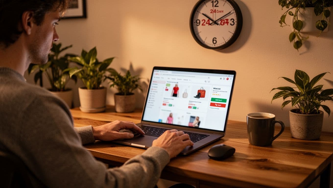 A person sits at a wooden home desk with a laptop displaying a blurred shopping wishlist, hand hovering near the mouse before adding to cart, while a wall clock indicates a 24-hour wait in a cozy room with plants and coffee mug under warm evening light.