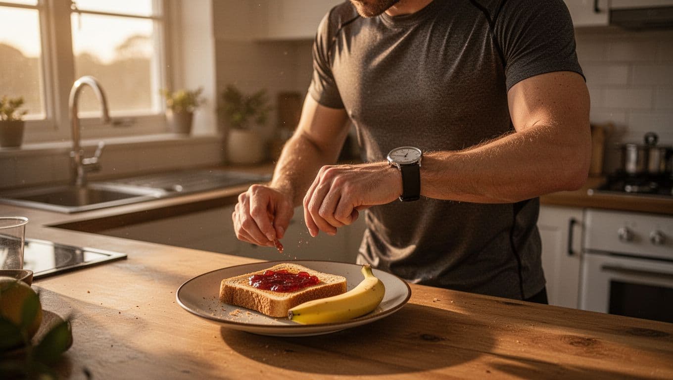 A runner in a cozy kitchen at dawn prepares and eats a light breakfast of toast with jam and half a banana, standing by the counter and checking their watch for perfect pre-5K timing.