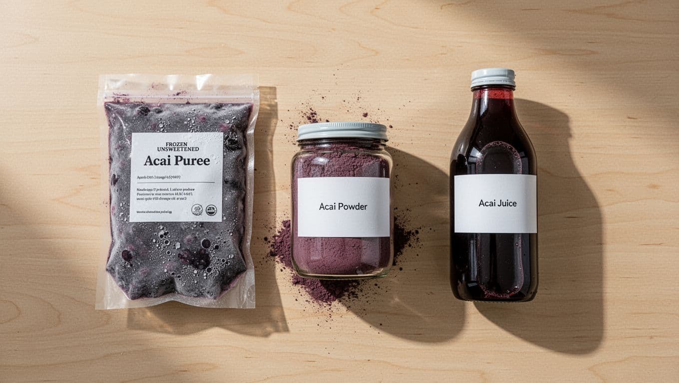 Photorealistic flat lay on a light wooden table featuring three acai products: frozen unsweetened puree pack, acai powder jar, and acai juice bottle with simple labels.