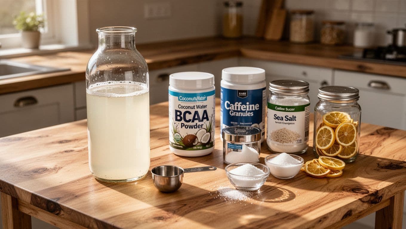 Kitchen table with jars of coconut water powder, BCAA powder, caffeine powder, sea salt, sugar bowl, dried lemon slices, 1L pale mix bottle, and measuring scoop.